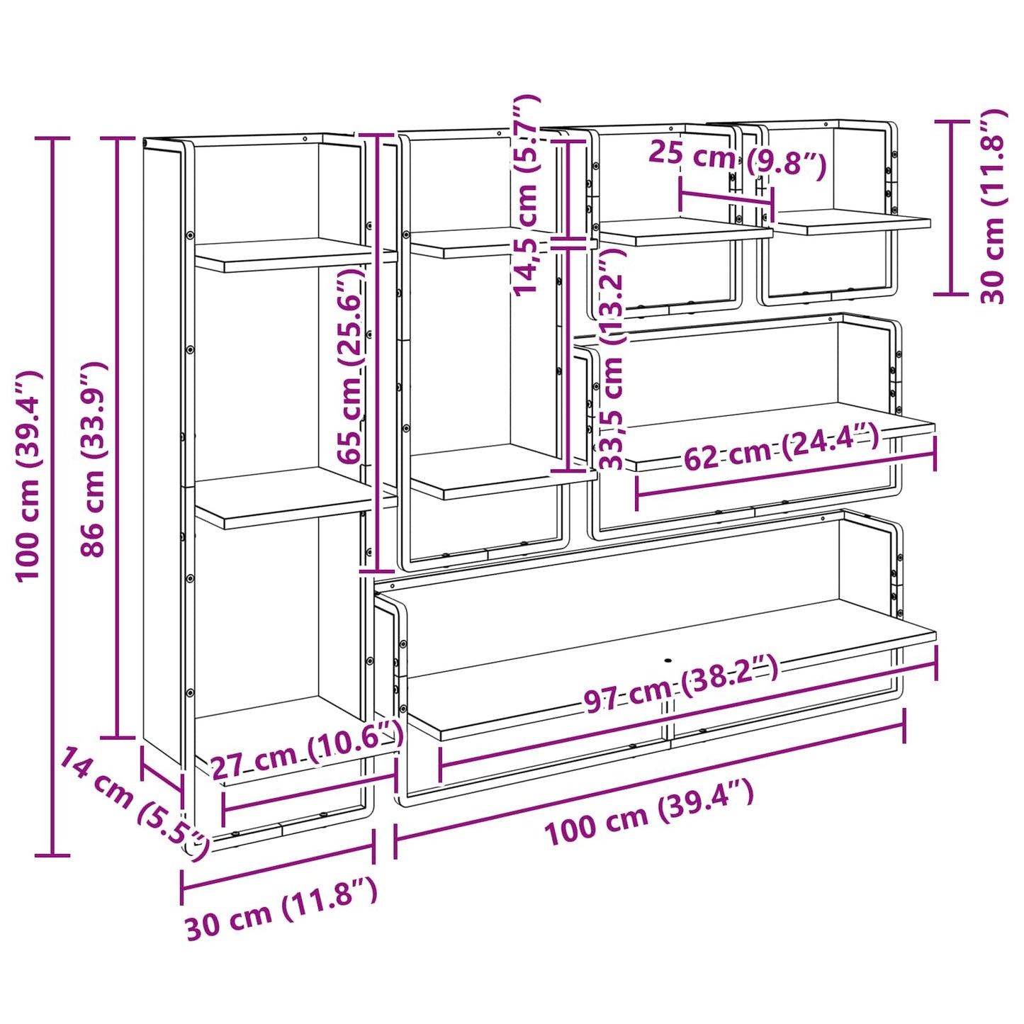 Wandregal-Set 6 stk. Schwarz Eichen-Optik 100 x 25 x 30 cm