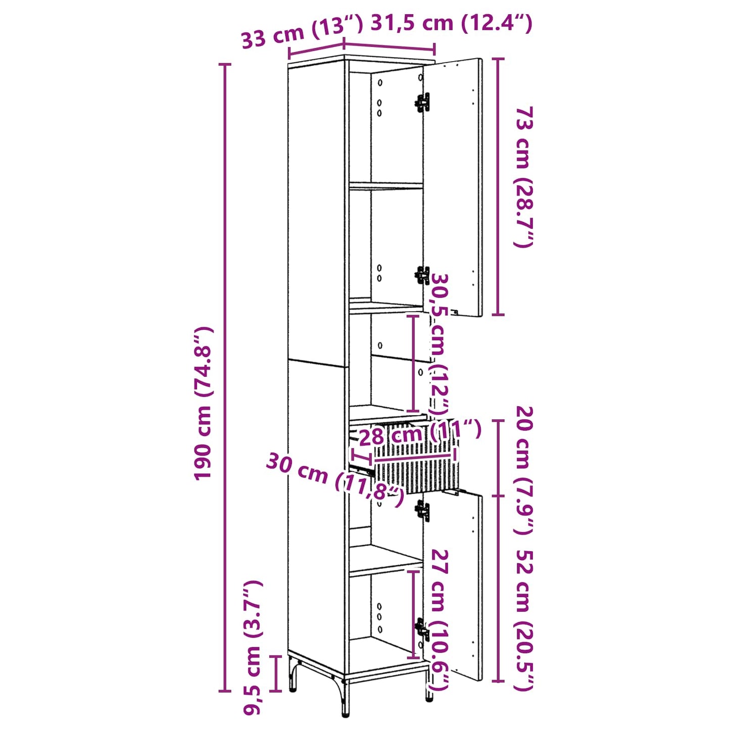 Badezimmerschrank Beton Grau 31,5 x 33 x 190 cm
