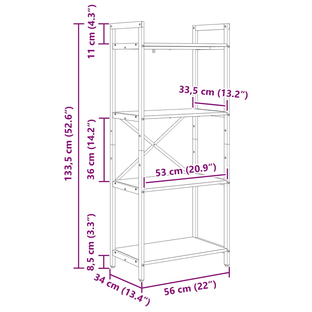 Bücherregal Schwarz Eichen-Optik 56 x 34 x 133,5 cm