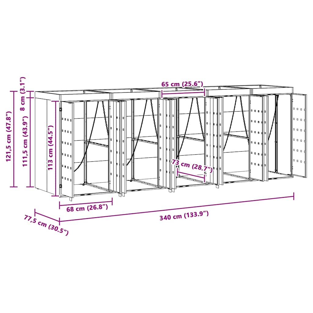 Wagenmüllbehälter für 5 Behälter Hellgrau 340 x 77,5 x 121,5 cm