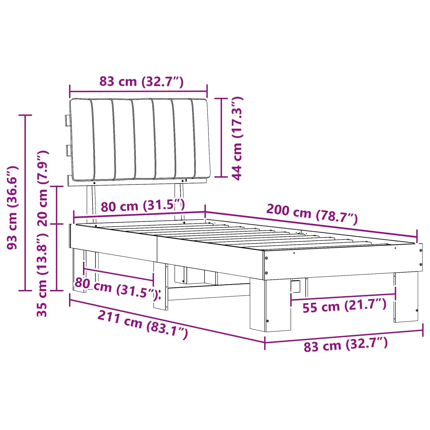 Bettgestell mit gepolstertem Kopfteil Schwarz 80 x 200 cm