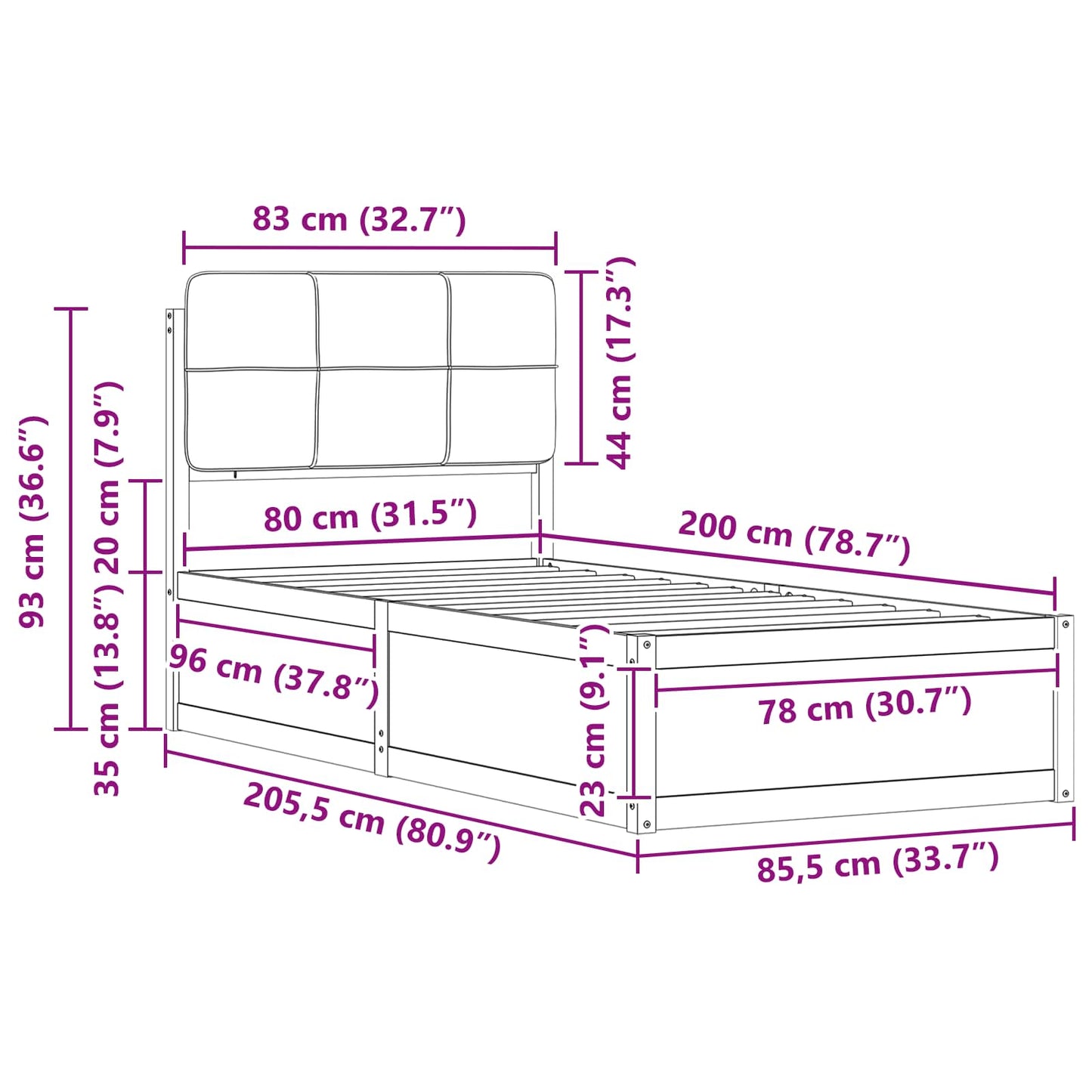 Bettgestell mit gepolstertem Kopfteil Dunkelgrau 80 x 200 cm