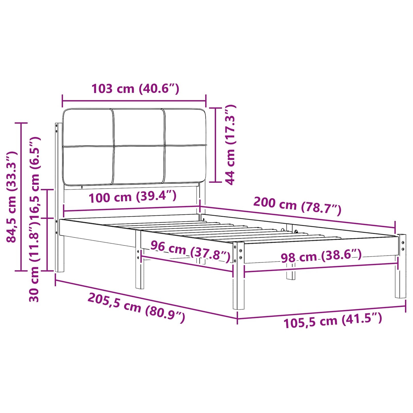 Bettgestell mit gepolstertem Kopfteil Dunkelgrau 100 x 200 cm
