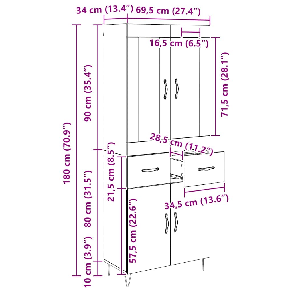 Highboard Schwarz Eichen-Optik 69,5 x 34 x 90 cm Holzwerkstoff