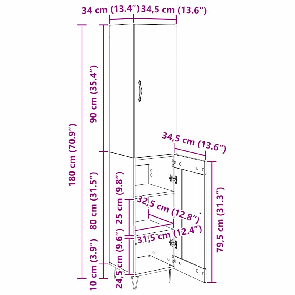 Highboard Schwarz Eichen-Optik 34,5 x 34 x 90 cm Holzwerkstoff