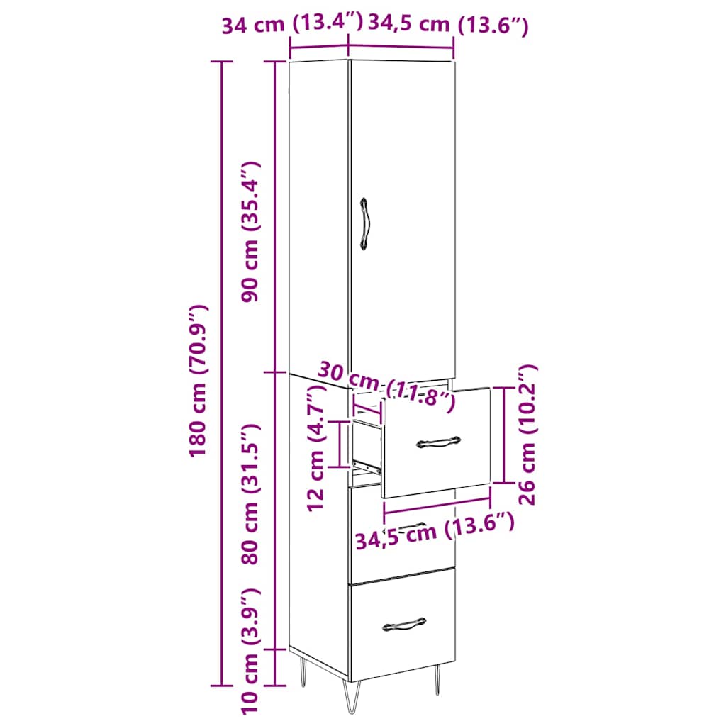 Highboard Schwarz Eichen-Optik 34,5 x 34 x 90 cm Holzwerkstoff