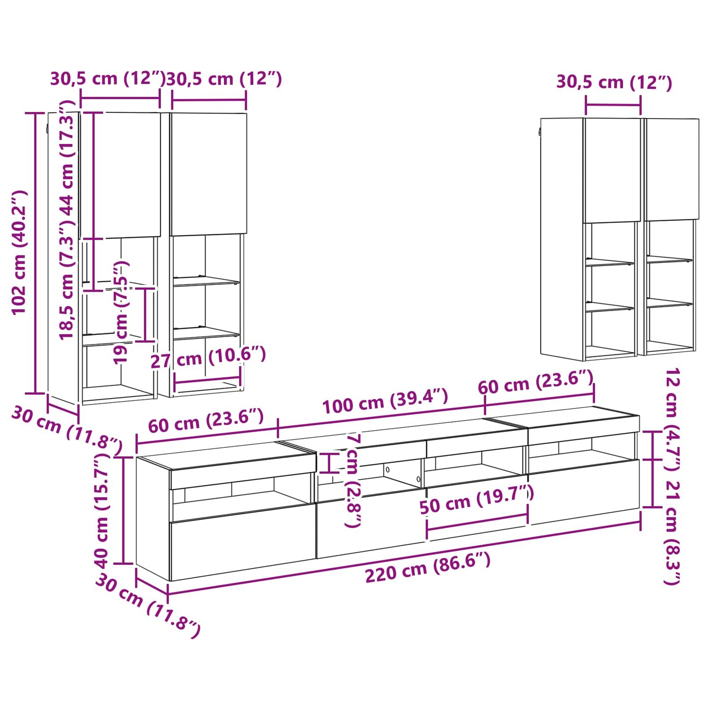 TV-Wandschrank-Set mit LED-Lichtern 7 stk. Altholz