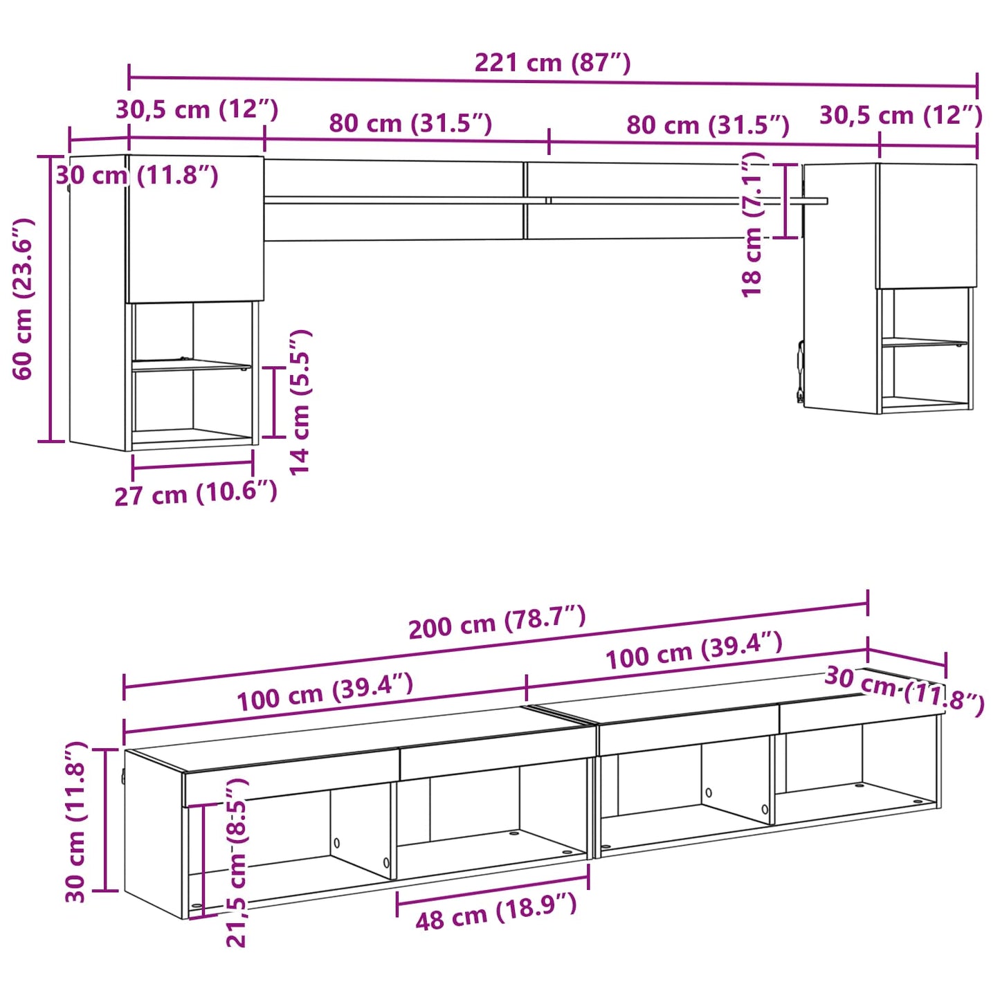TV Wand Einheiten mit LED 6 stk. Altholz Holzwerkstoff