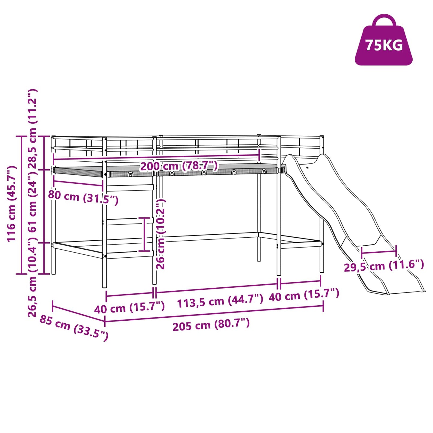 Kinder-Loftbett mit Rutsche Uni Weiß und Anthrazit 80 x 200 cm