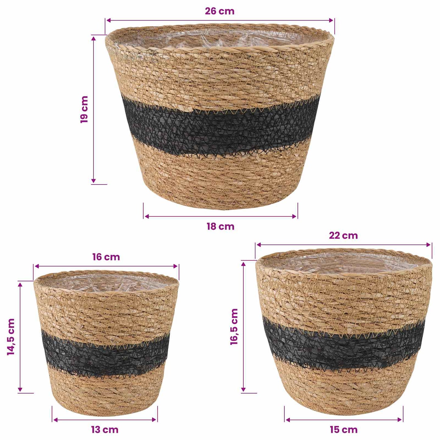 3 stk. Natürlich und Schwarz Ø26 x 19 cm 100% Seegras