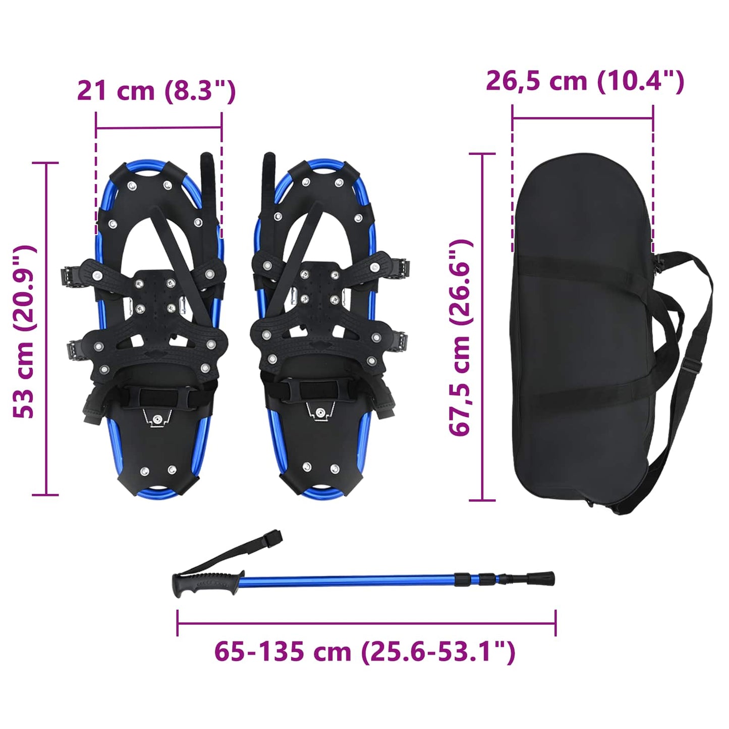 3 in 1 Schneeschuhe mit Wanderstöcken Blau und Schwarz