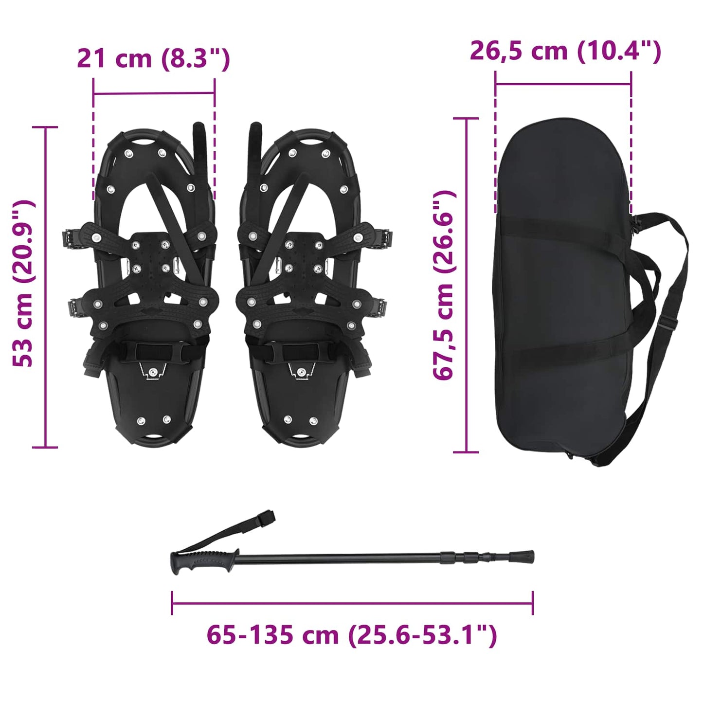 3 in 1 Schneeschuhe mit Wanderstöcken Schwarz 53 x 21 cm