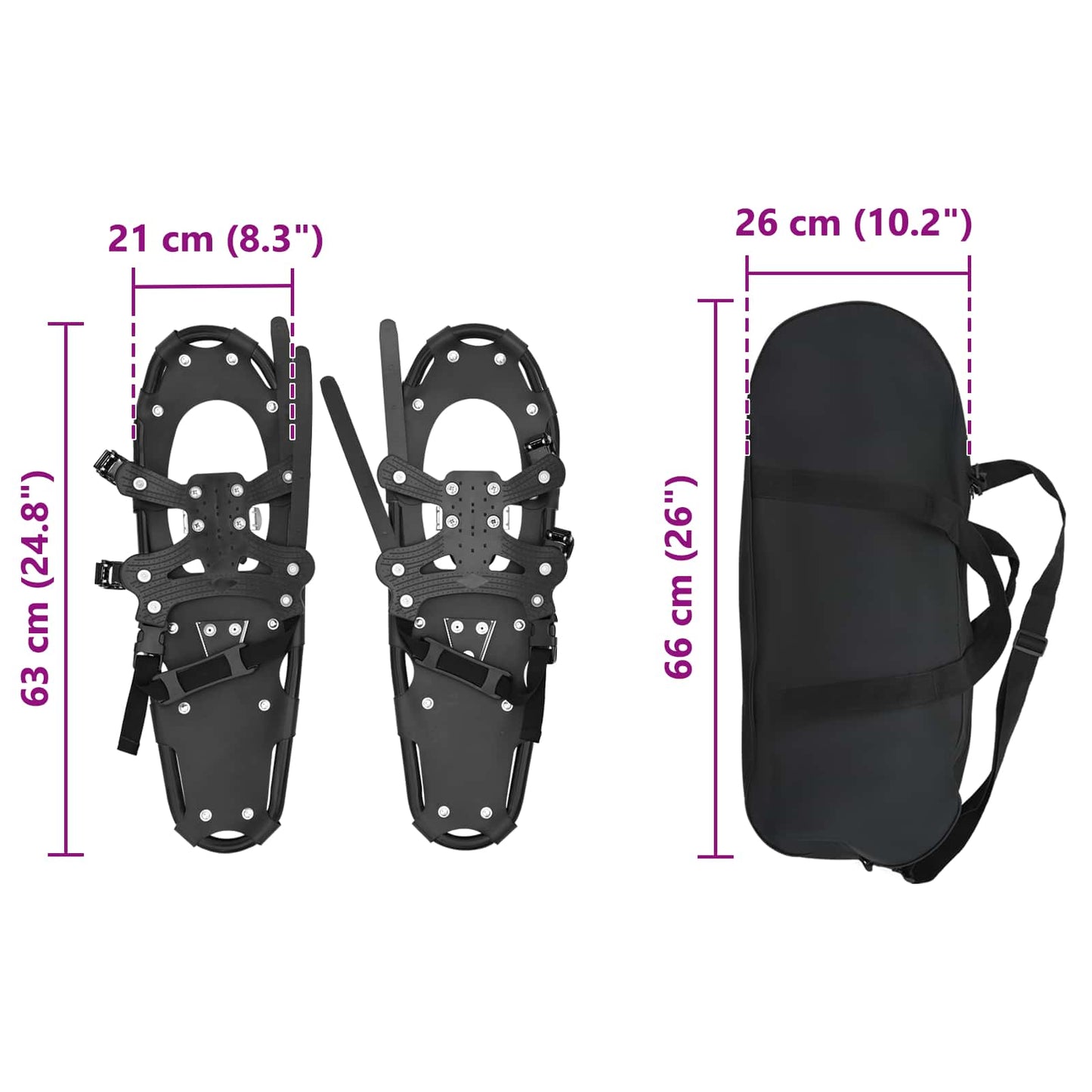 3 in 1 Schneeschuhe Schwarz 63 x 21 cm Aluminium und HDPE
