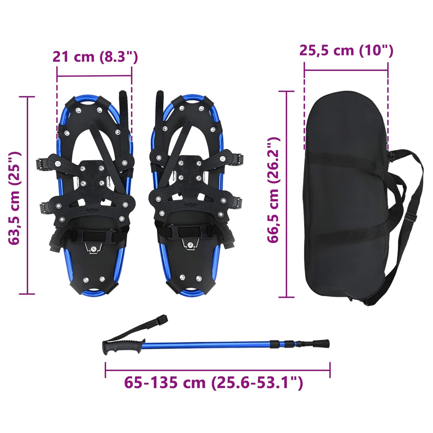 3 in 1 Schneeschuhe mit Wanderstöcken Blau und Schwarz