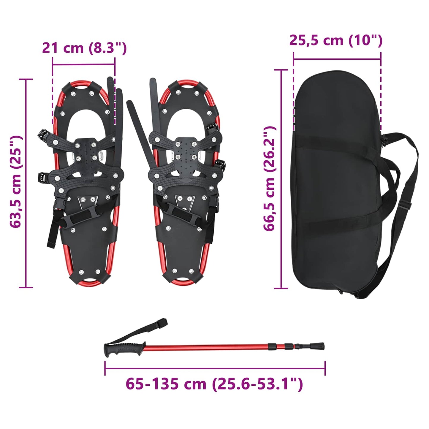 3 in 1 Schneeschuhe mit Wanderstöcken Rot und Schwarz