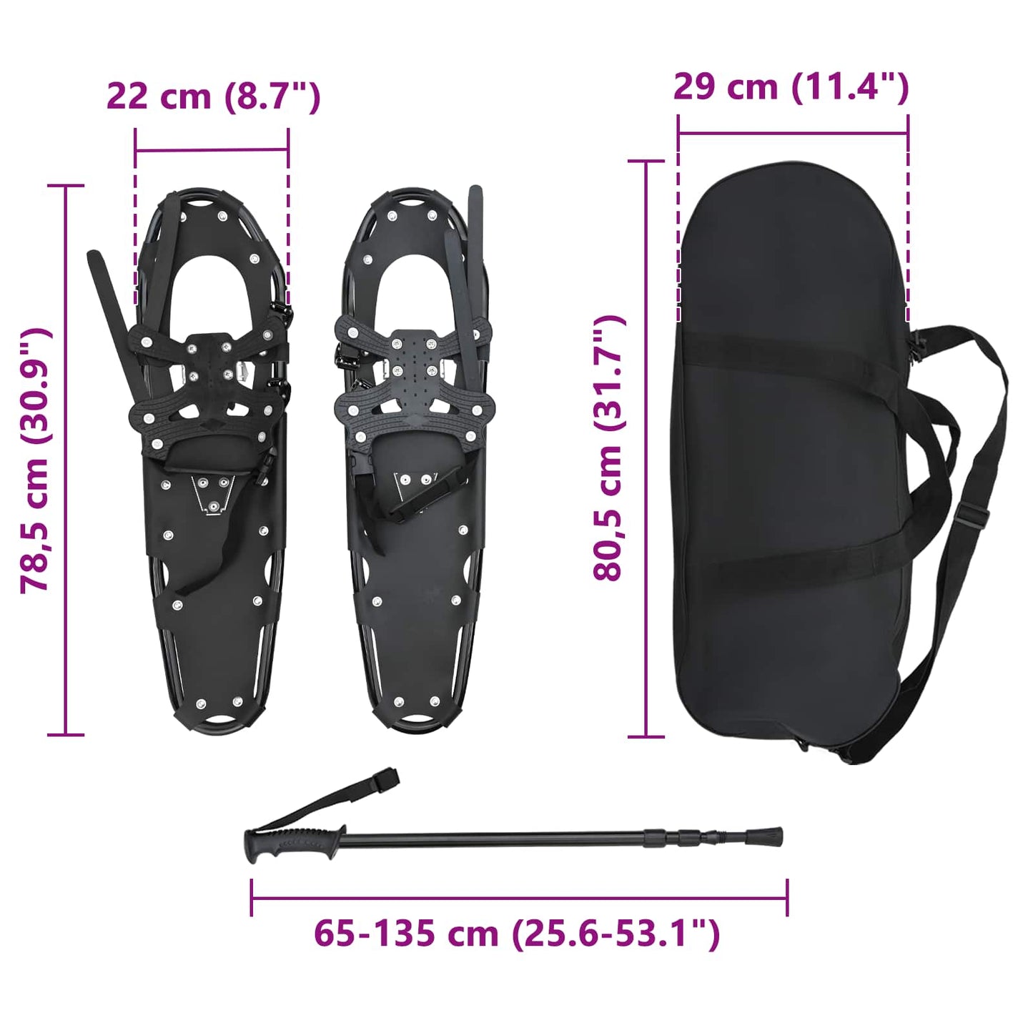 3 in 1 Schneeschuhe mit Wanderstöcken Schwarz 78,5 x 22 cm