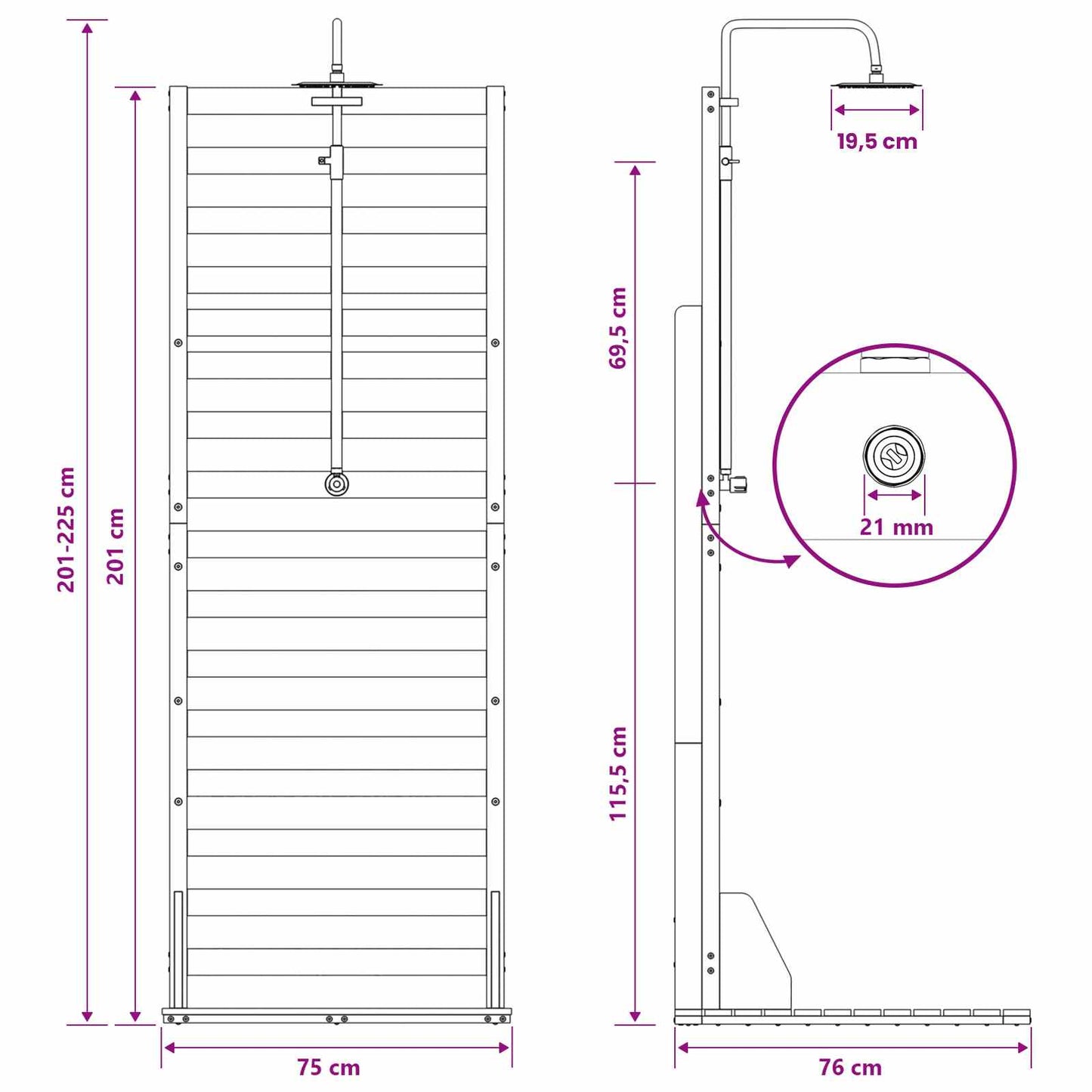 Gartendusche 225 cm Massivholz Kiefer und Edelstahl Natur