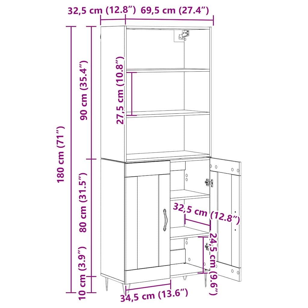 Highboard 2 stk. Altholz 69,5 x 34 x 180 cm