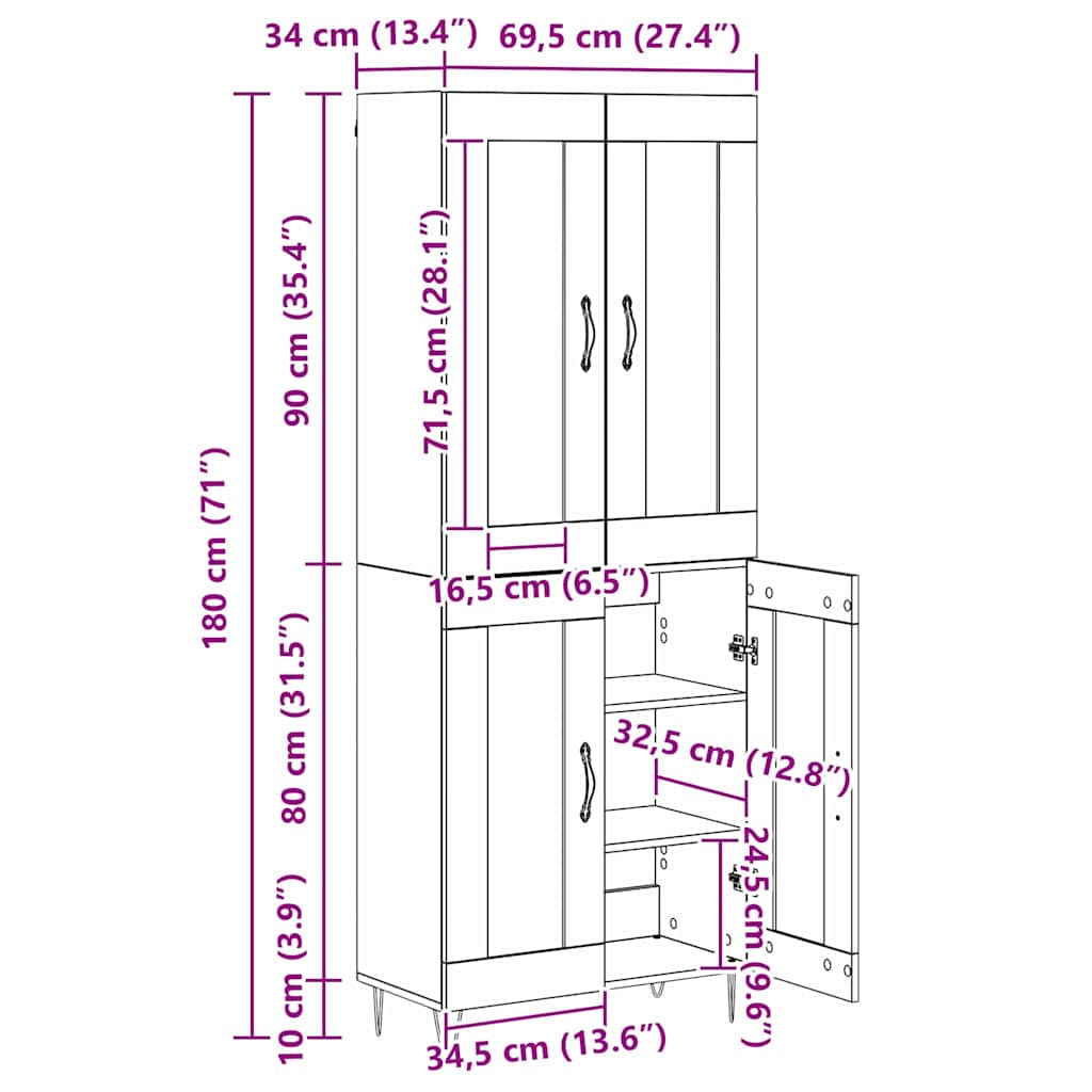 Highboard Altholz 69,5 x 34 x 90 cm Holzwerkstoff