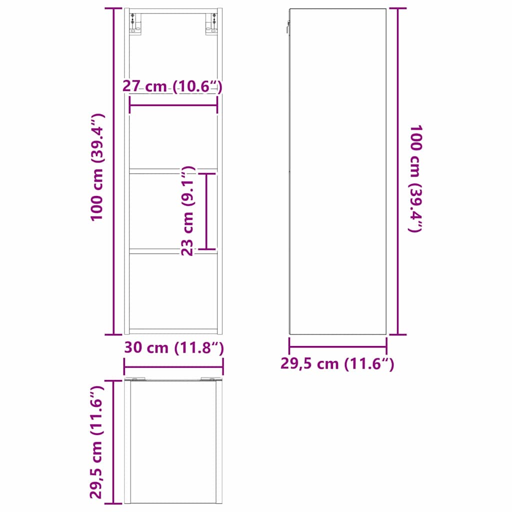 Hängeschrank Schwarz Eichen-Optik 30 x 29,5 x 100 cm
