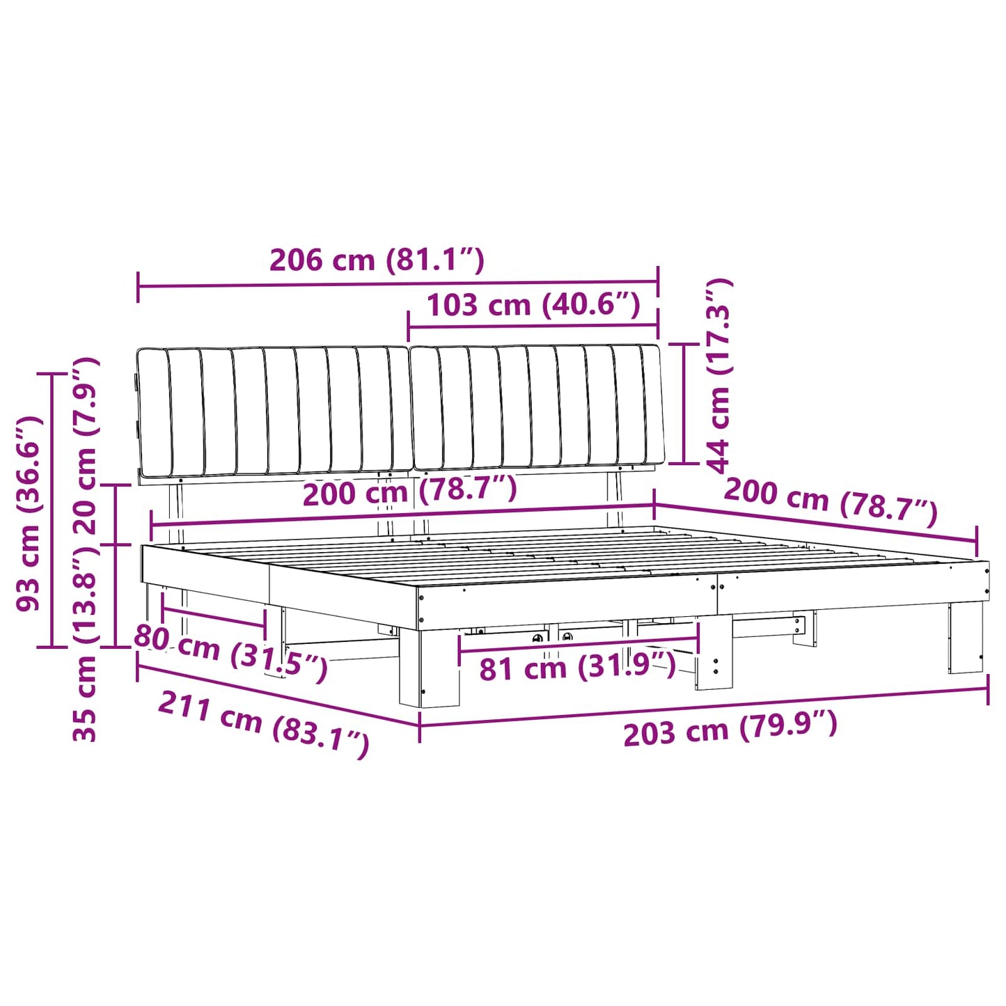 Bettgestell mit gepolstertem Kopfteil Dunkelgrau 200 x 200 cm