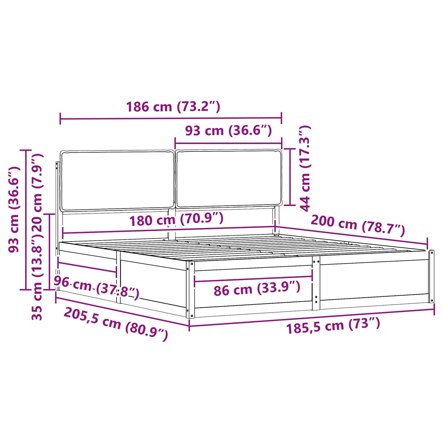 Bettgestell mit gepolstertem Kopfteil Schwarz 180 x 200 cm