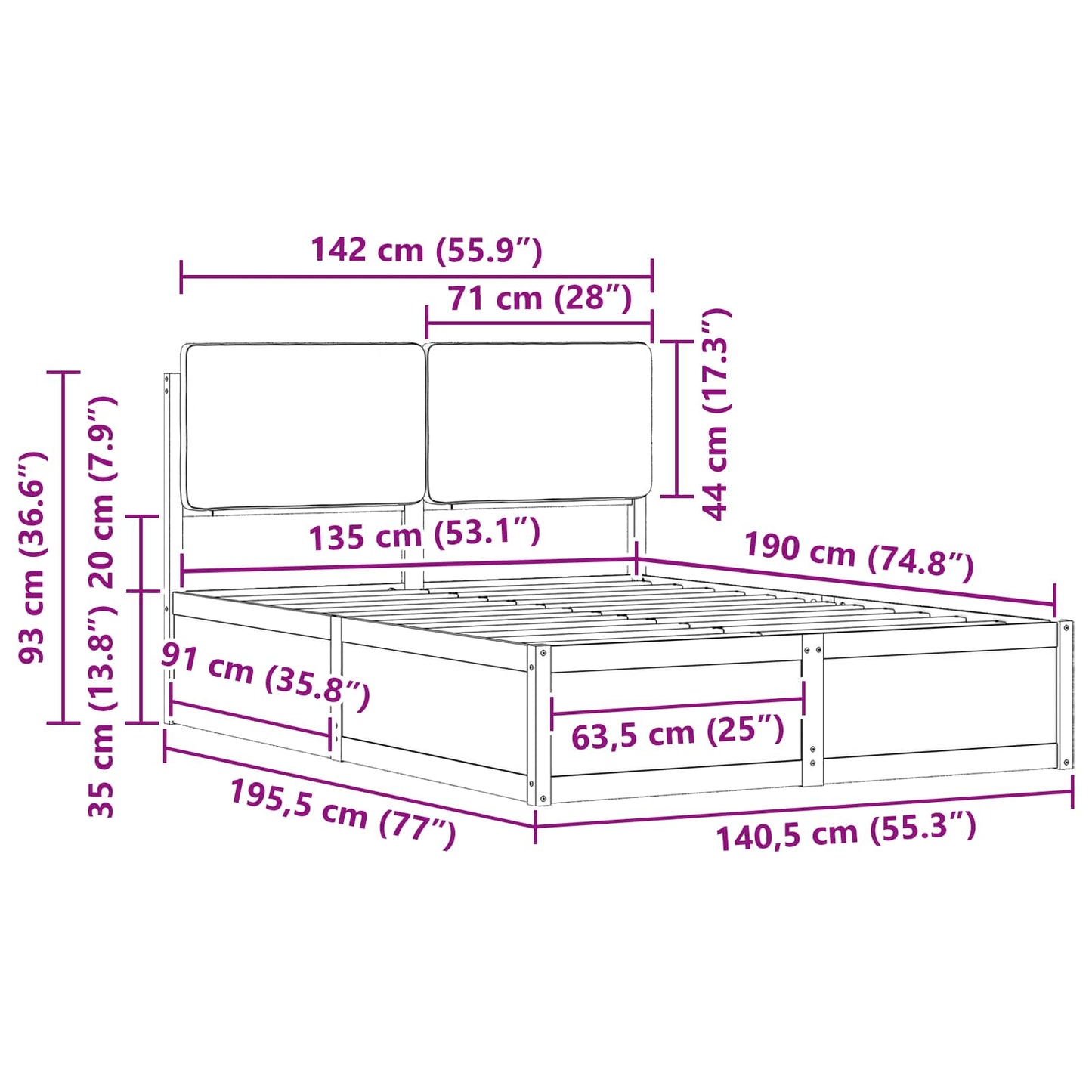 Bettgestell mit gepolstertem Kopfteil Hellgrau 135 x 190 cm