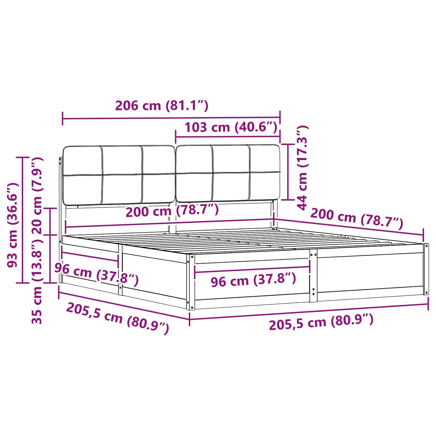 Bettgestell mit gepolstertem Kopfteil Dunkelgrau 200 x 200 cm
