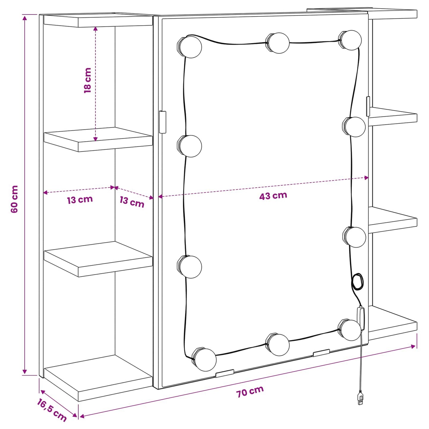 Spiegelschrank Schwarz Eichen-Optik 70 x 16,5 x 60 cm