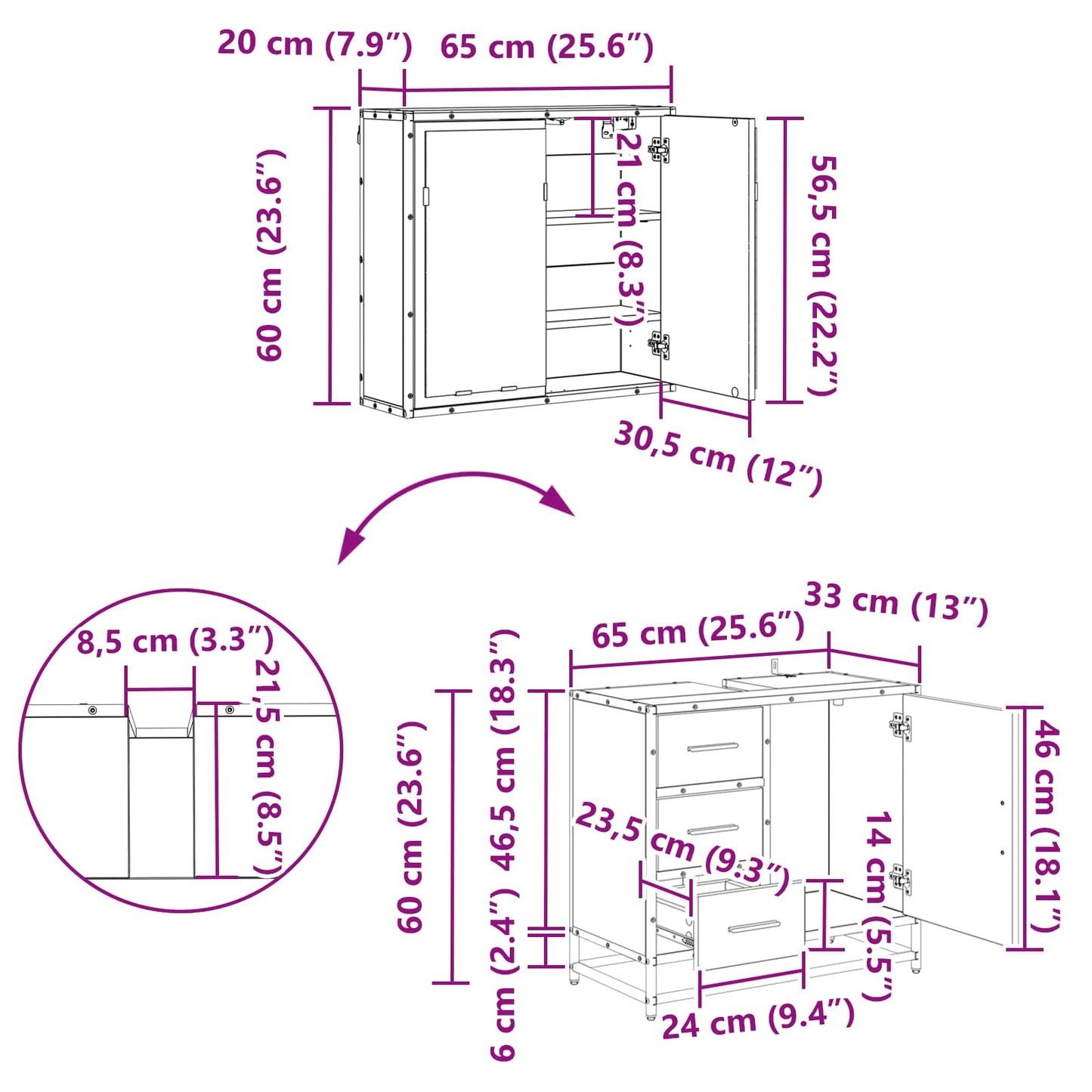 Badezimmermöbel-Set 2 stk. Altholz 65 x 33 x 60 cm