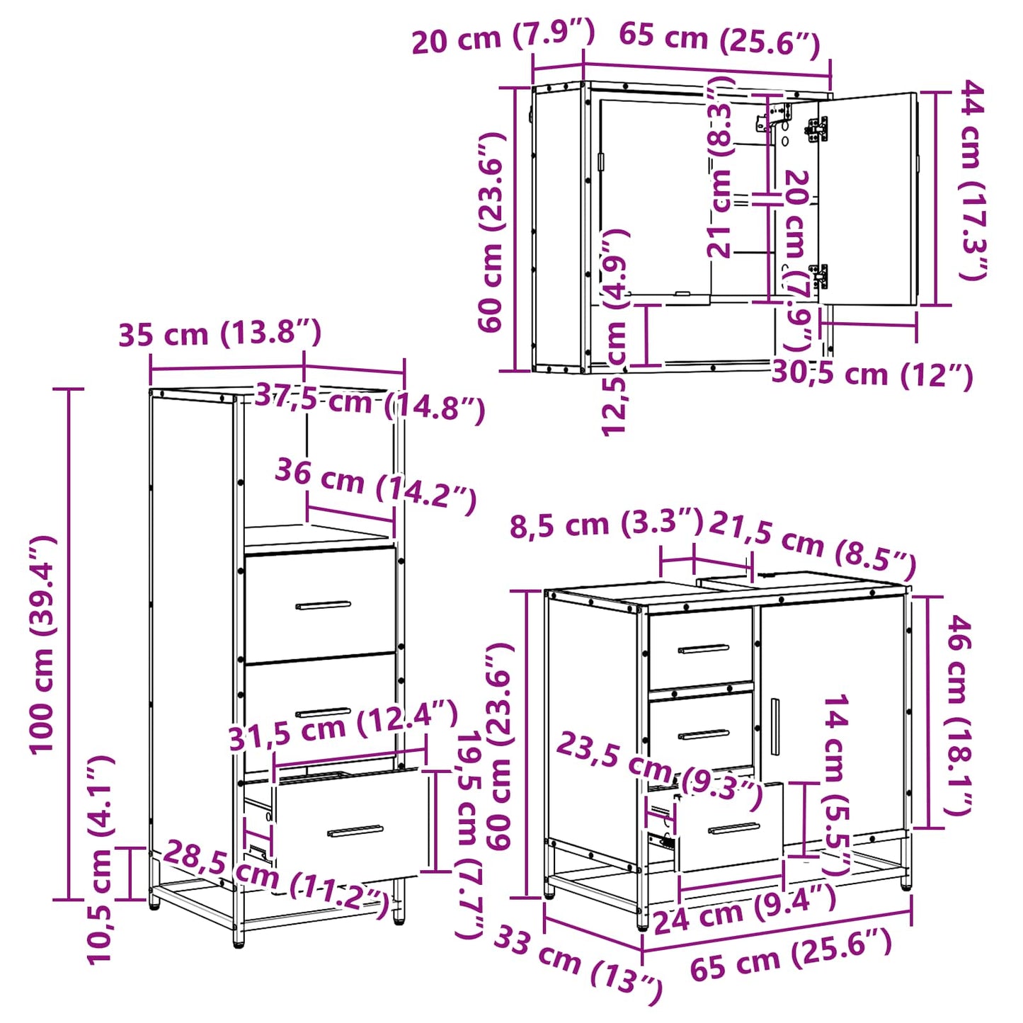 Badezimmermöbel-Set 3 stk. Artisan-Eiche 65 x 33 x 60 cm