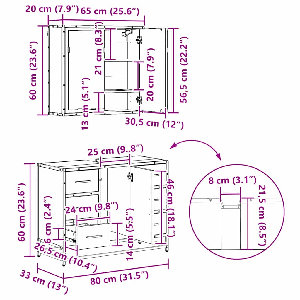 Badezimmermöbel-Set 3 stk. Altholz 80 x 33 x 60 cm