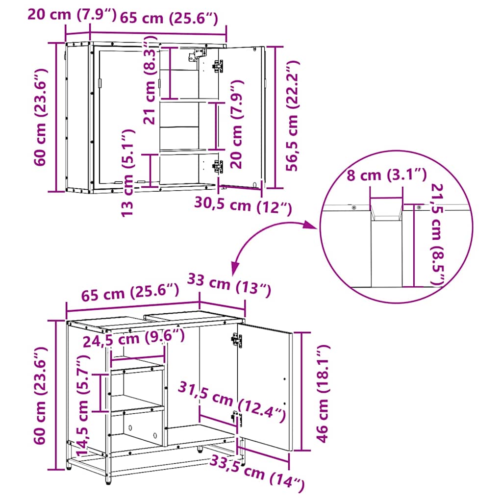 Badezimmermöbel-Set 3 stk. Altholz 65 x 33 x 60 cm