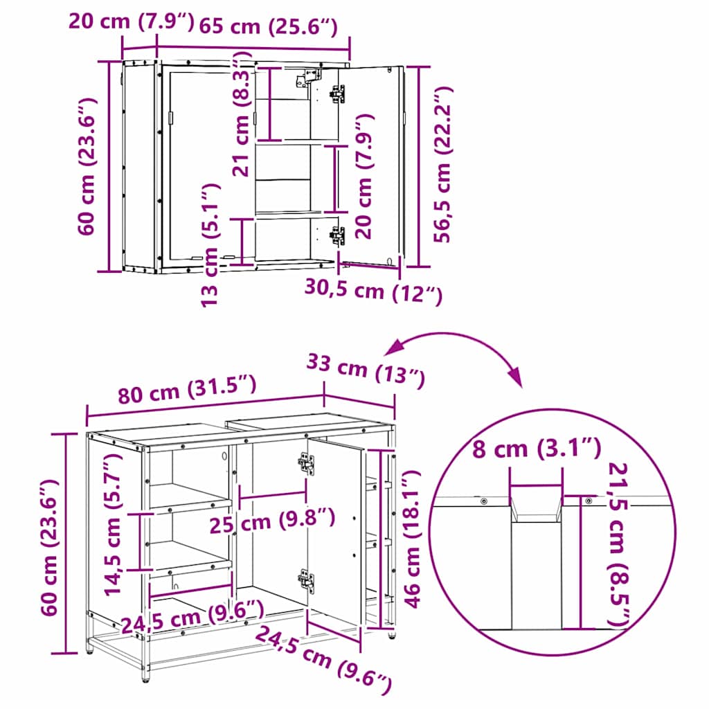 Badezimmermöbel-Set 3 stk. Artisan-Eiche 80 x 33 x 60 cm