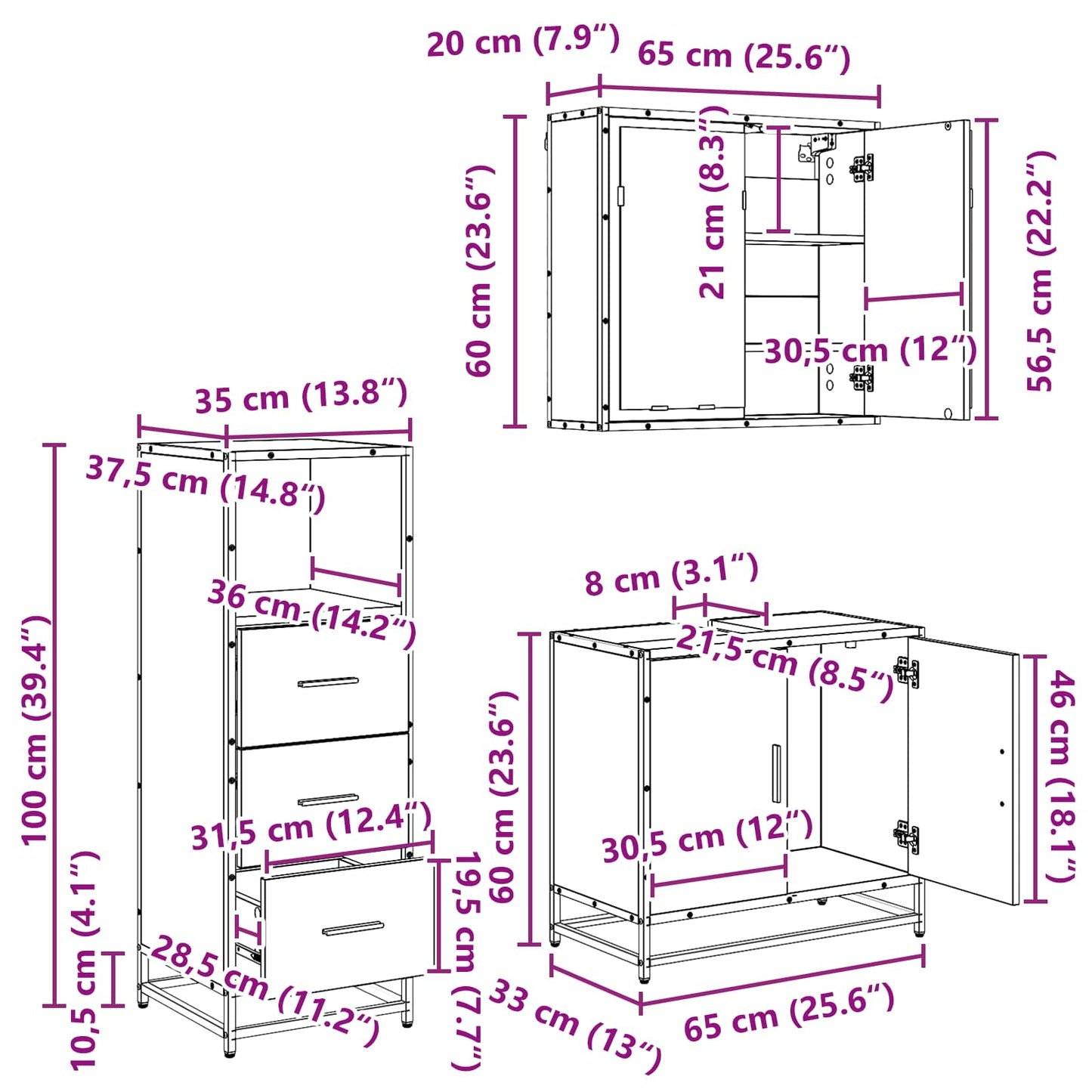 Badezimmermöbel-Set 3 stk. Schwarz Eichen-Optik 65 x 33 x 60 cm