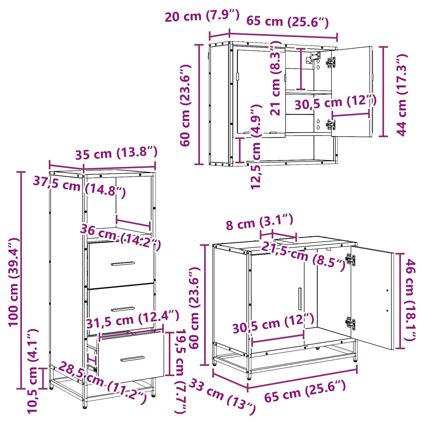 Badezimmermöbel-Set 3 stk. Schwarz Eichen-Optik 65 x 33 x 60 cm