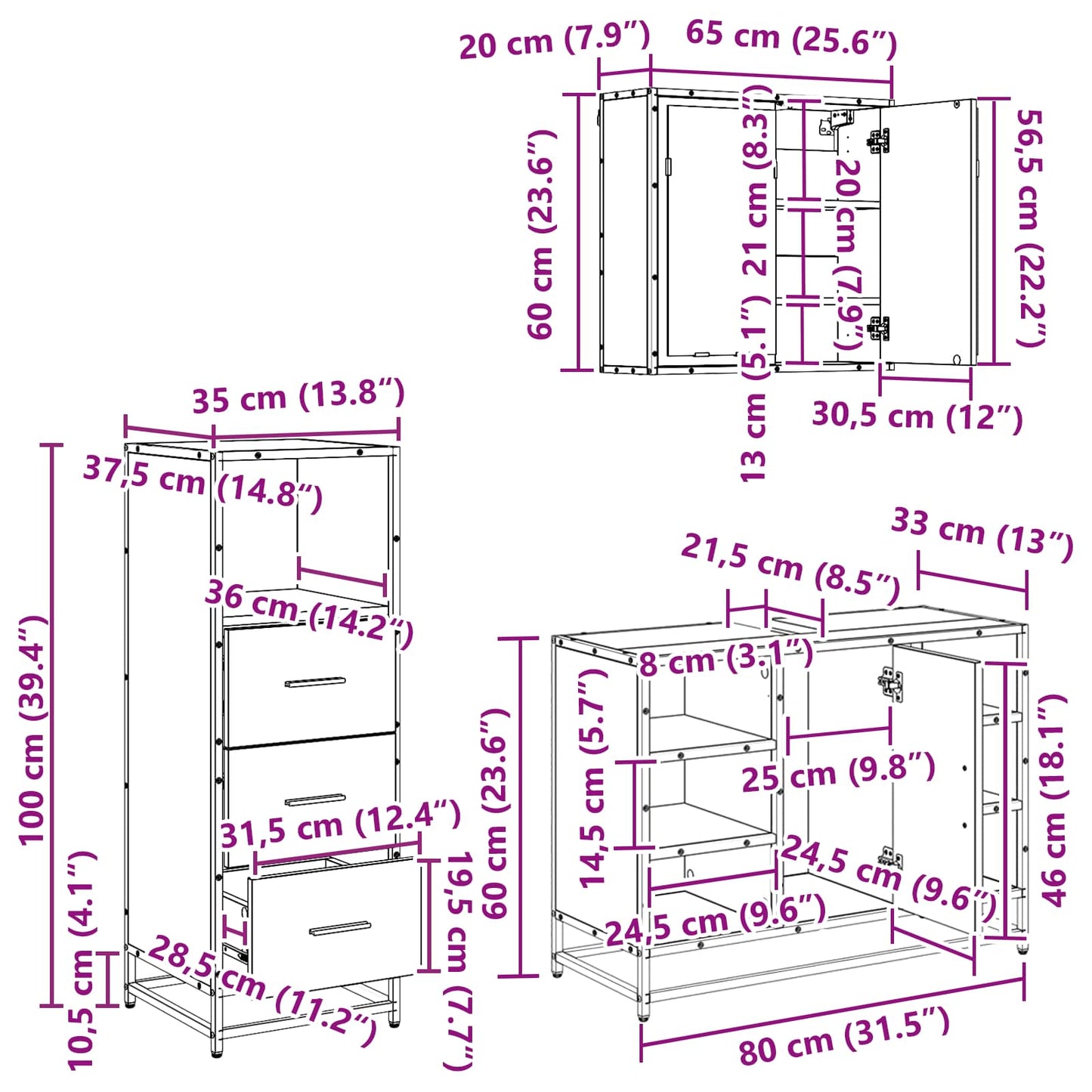 Badezimmermöbel-Set 3 stk. Schwarz Eichen-Optik 80 x 33 x 60 cm