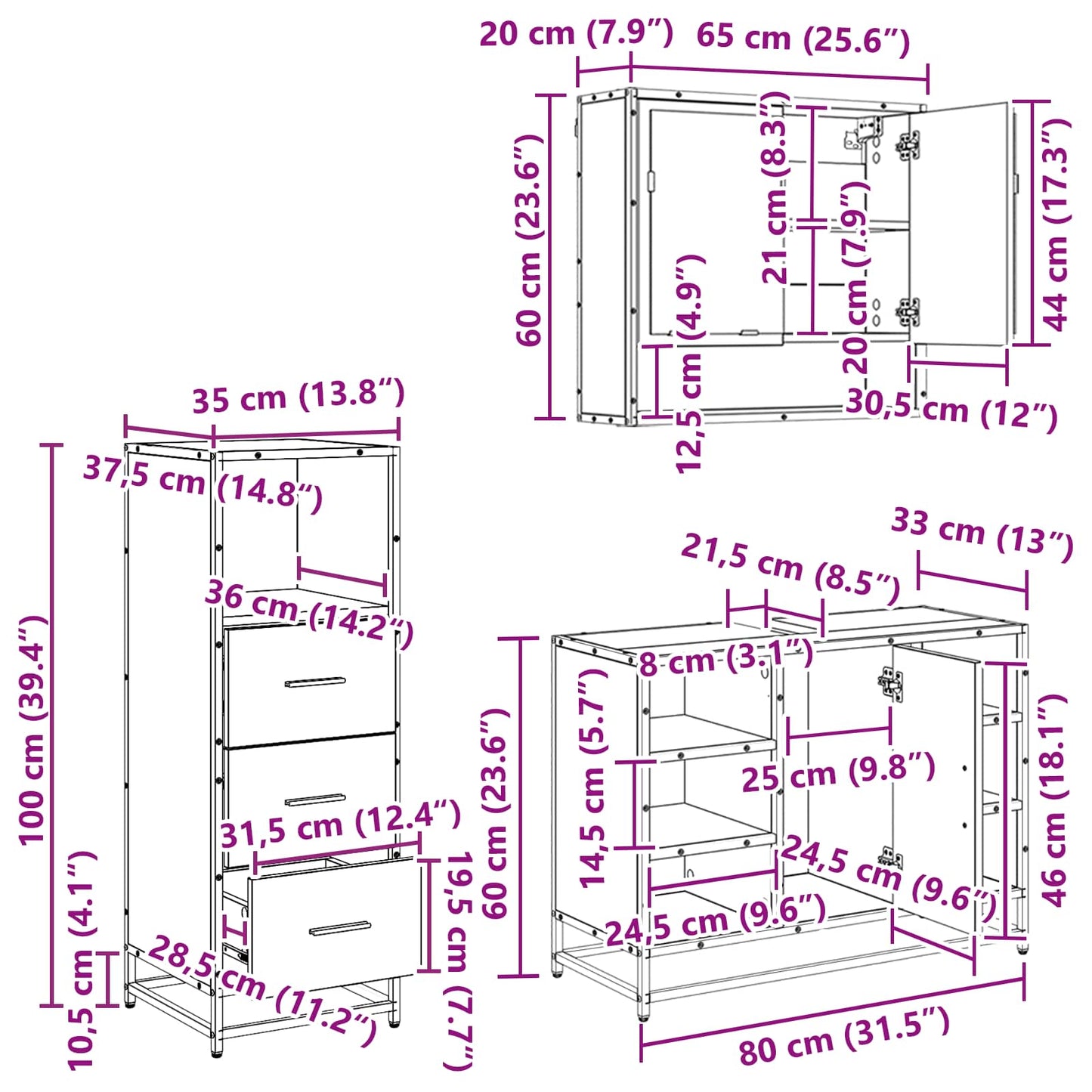 Badezimmermöbel-Set 3 stk. Artisan-Eiche 80 x 33 x 60 cm