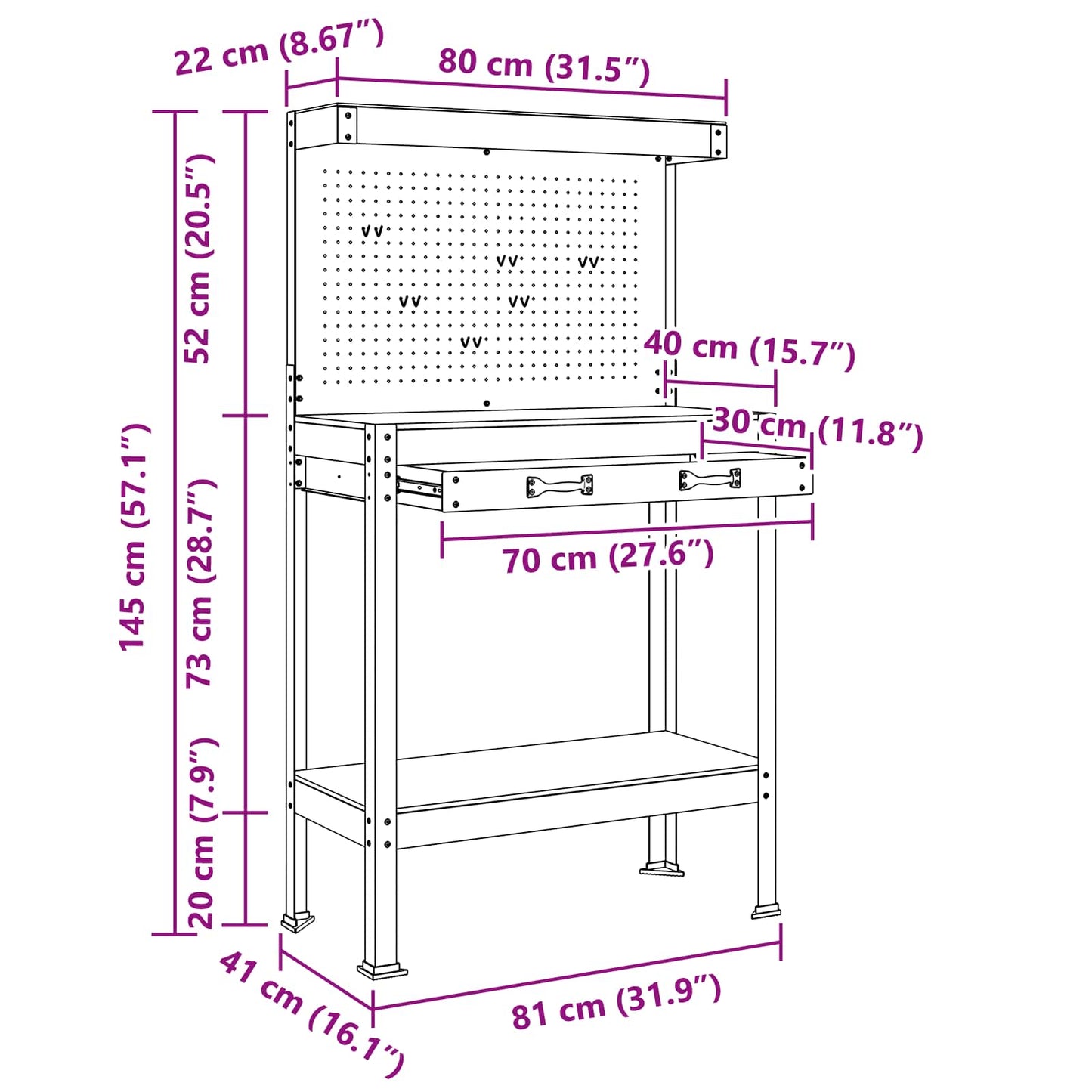 Werkbank Schwarz 81 x 41 x 145 cm Sperrholz und Metall