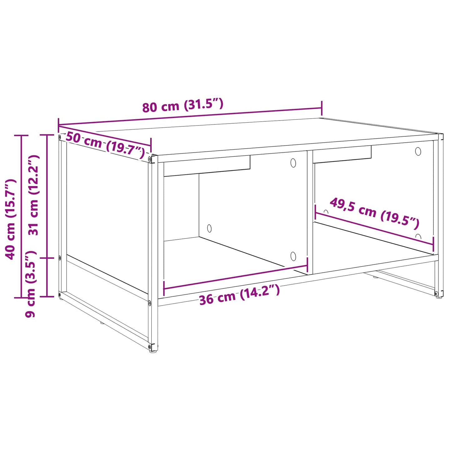 Couchtisch Schwarz Eichen-Optik 80 x 50 x 40 cm Holzwerkstoff