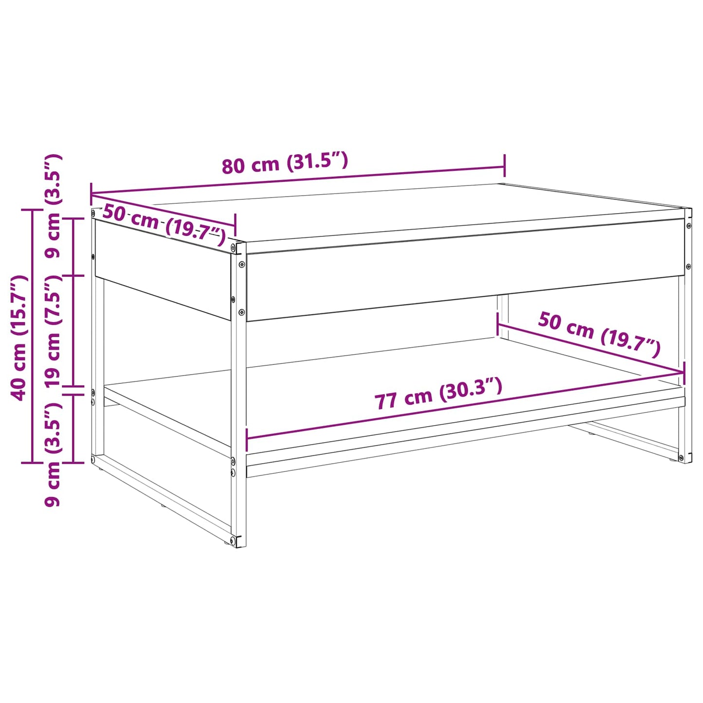 Couchtisch Schwarz Eichen-Optik 80 x 50 x 40 cm Holzwerkstoff