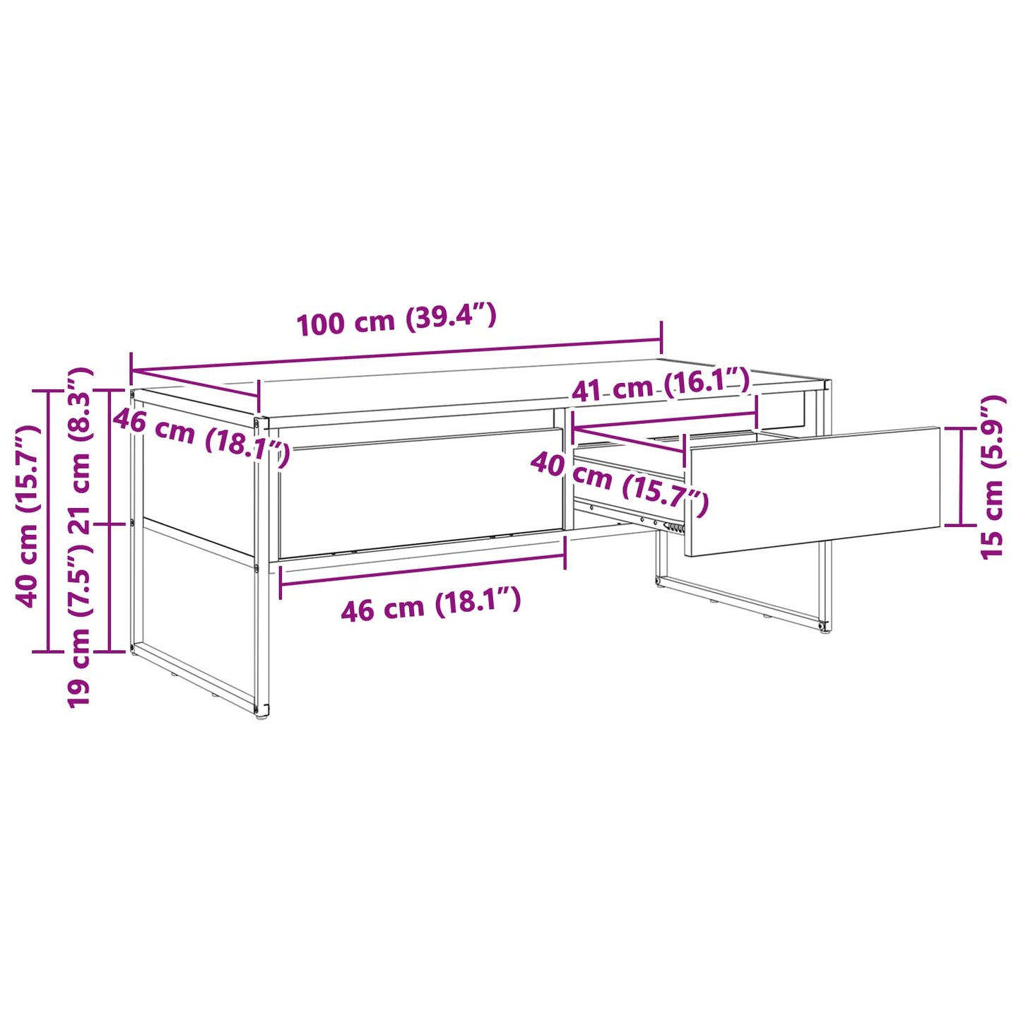 Couchtisch Schwarz Eichen-Optik 100 x 46 x 40 cm Holzwerkstoff