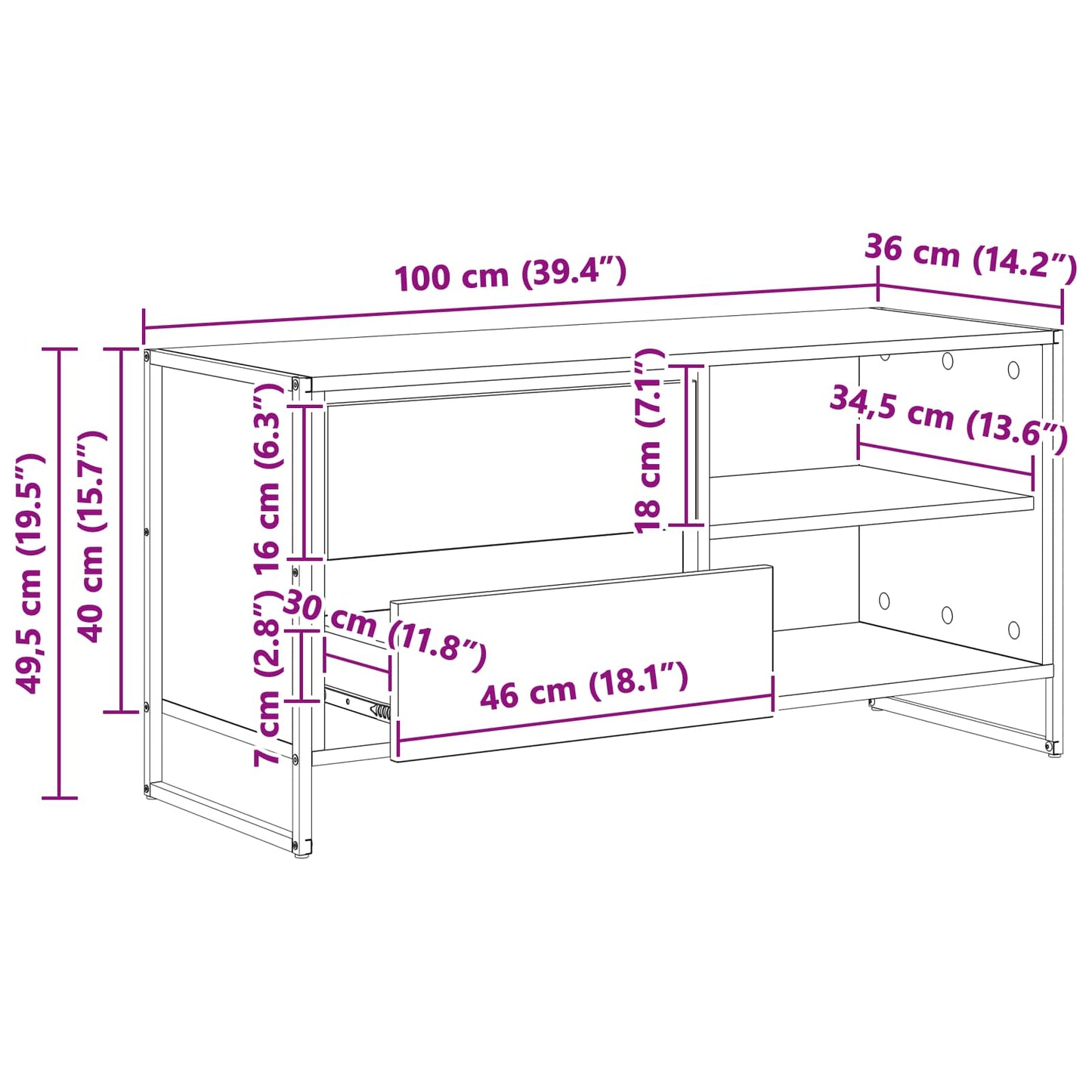 TV-Schränk 100 x 36 x 49,5 cm Schwarz Eichen-Optik