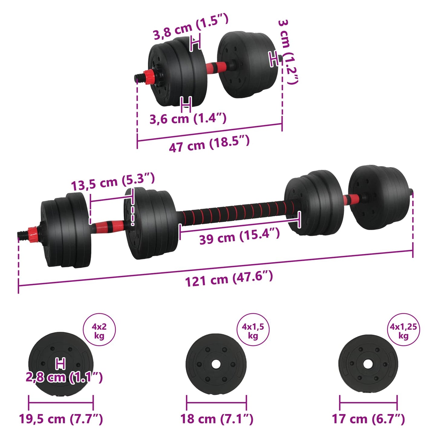 2-in-1 Kurzhantel Langhantel Set 20 kg Schwarz und Rot