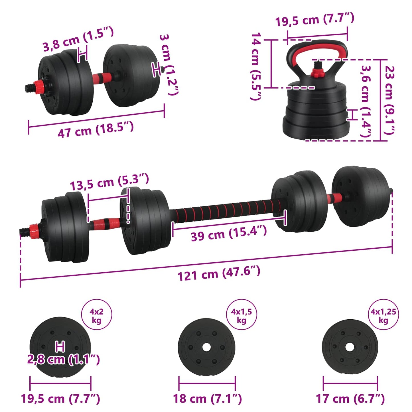 4-in-1 Kurzhantel, Langhantel und Kettlebell Set 20 kg