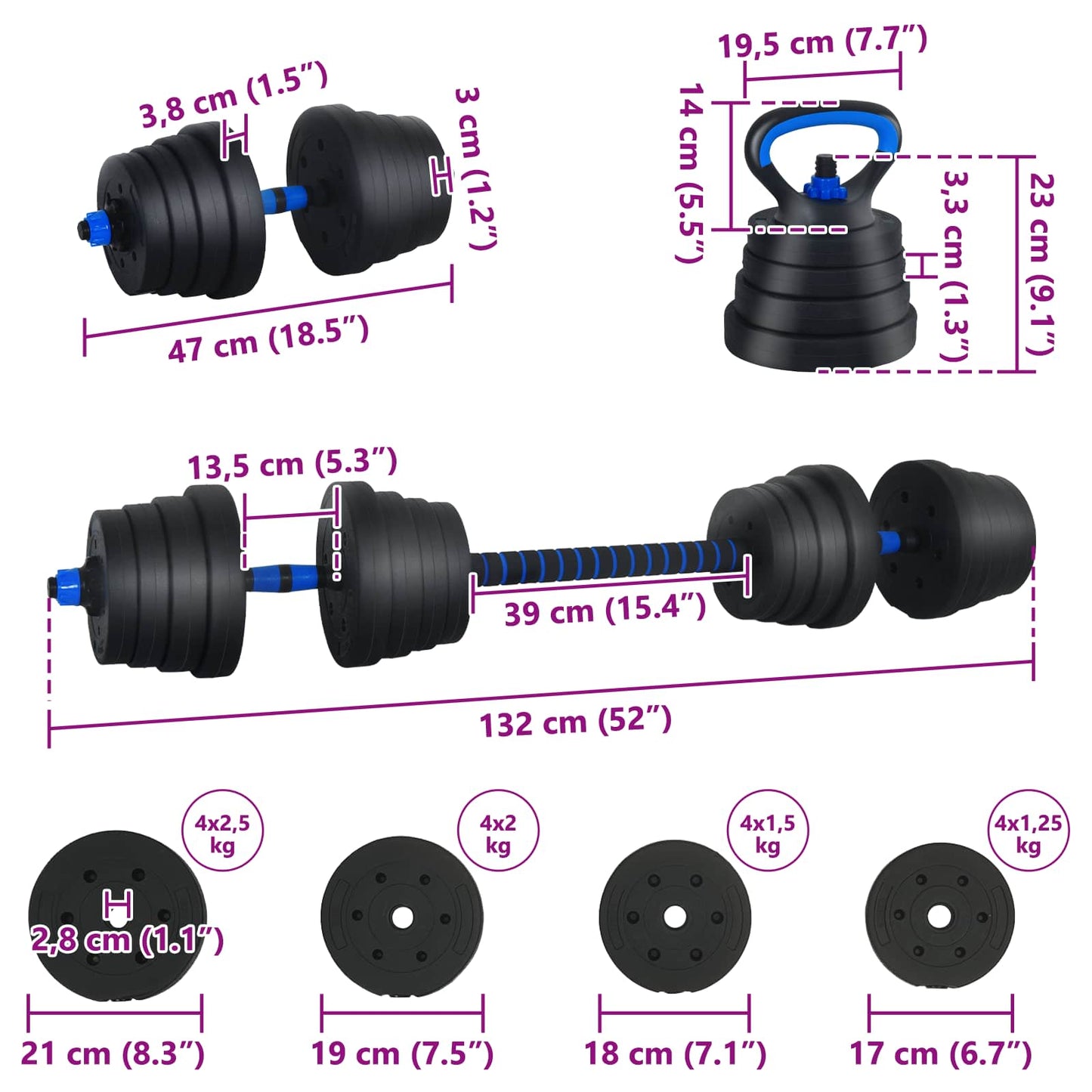 4-in-1 Kurzhantel, Langhantel und Kettlebell Set 30 kg