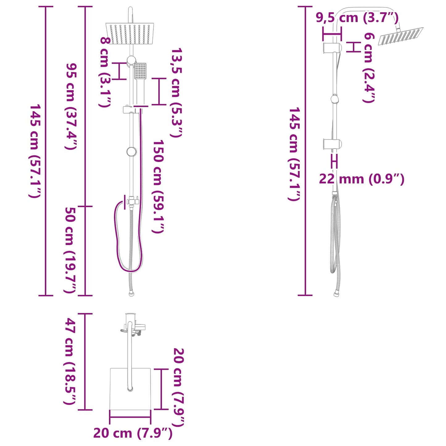 Duschsystem Schwarz 47 x 20 x 95 cm Edelstahl
