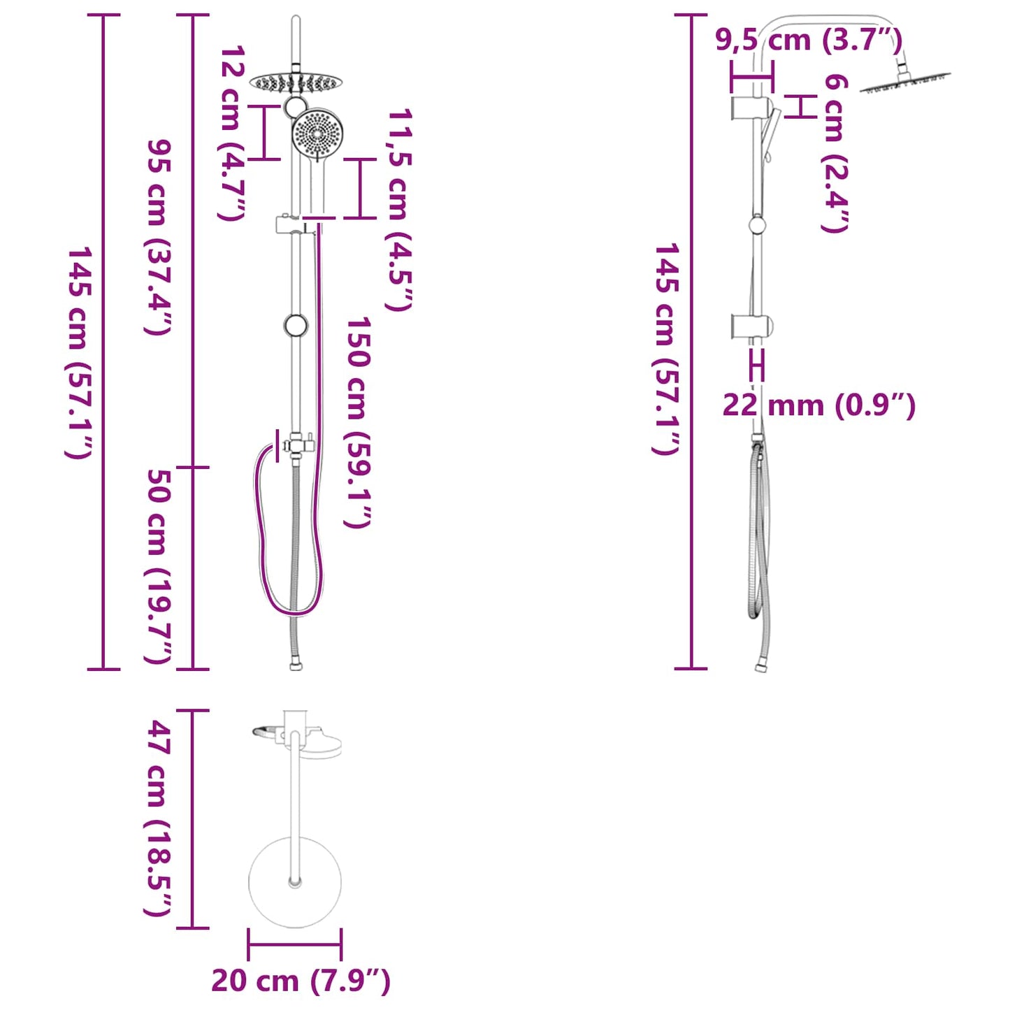Duschsystem Silber 47 x 20 x 95 cm Edelstahl