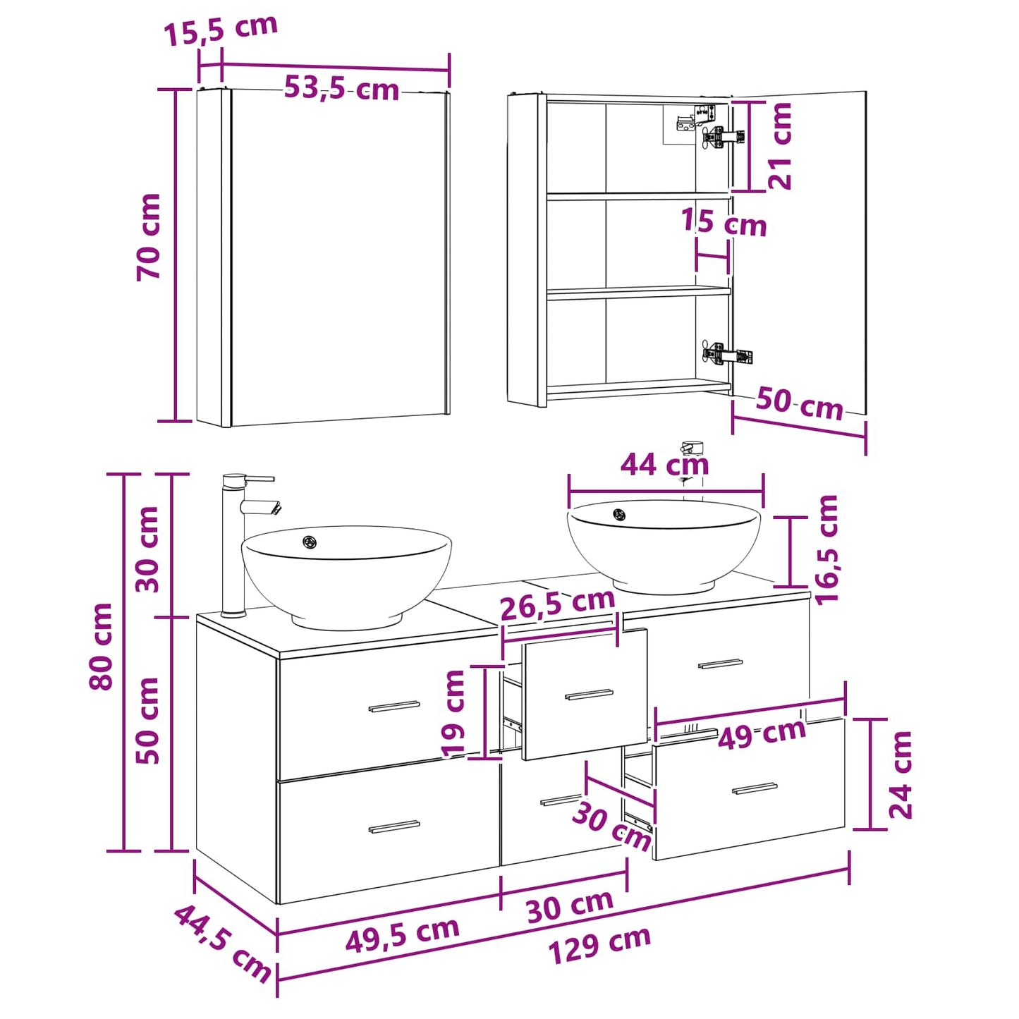 Badezimmermöbel-Set 5 stk. Weiß Ingenieurholz und Glas