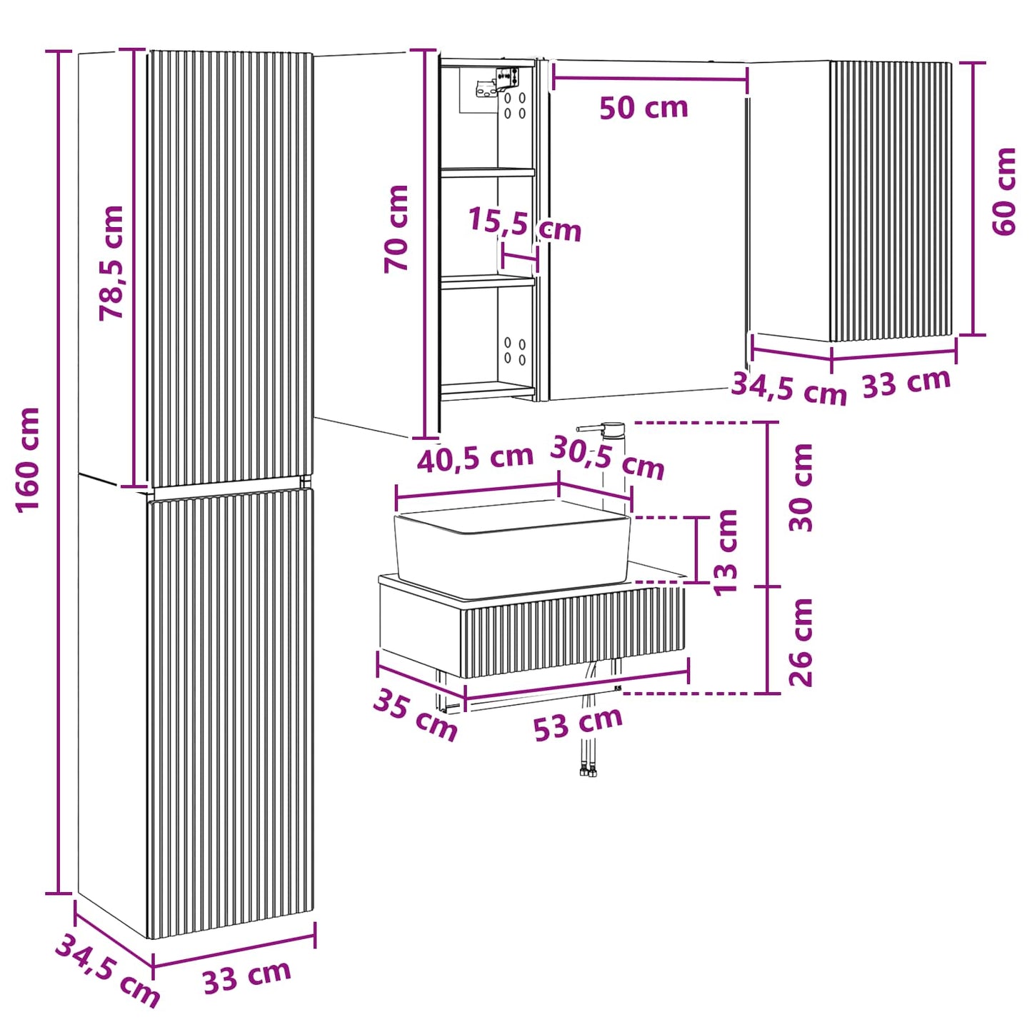 Badezimmermöbel-Set 5 stk. Weiß Ingenieurholz und Glas